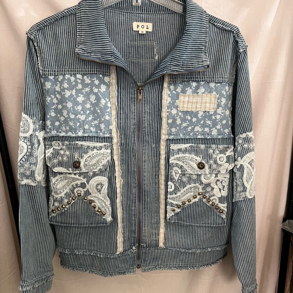 POL Women's Pinstriped Jean Jacket with Lace Details